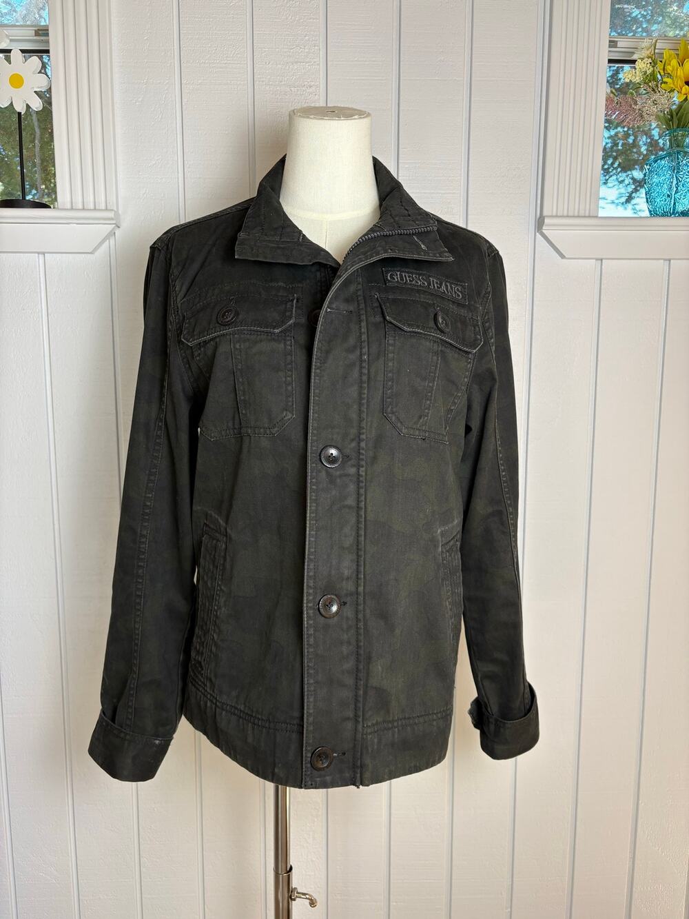 GUESS Jeans Black Camo Utility Military Jacket Zip Button Y2K Womens S